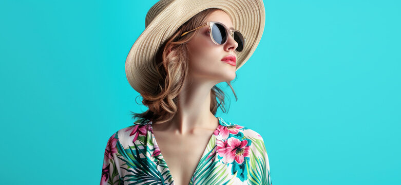 Girl in a summer look, sunglasses and hat against a blue wall. Ideal advertising for accessories and eyewear stores.