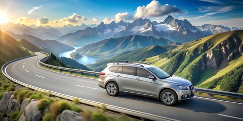 Naklejka premium 3D Silver Family Car Navigates Serene Mountain Pass