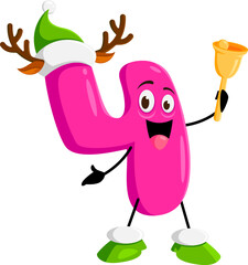 Cartoon math number four Christmas and new year character in holiday attire, joyfully celebrates Xmas by ringing a bell. Isolated vector festive personage spreading cheer with its numerical charm