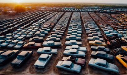 Aerial view of a junkyard of old rusty cars.