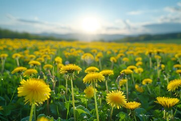 Fototapeta premium Vibrant Field of Dandelions at Sunrise