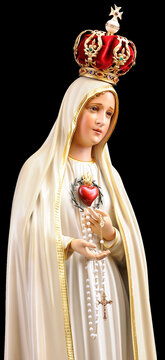 Our Lady of F&aacute;tima with a red crown, showing the Immaculate Heart of Mary, the rosaries in her hands. Isolated transparent black background. Heralds of the Gospel Church, S&atilde;o Paulo, Brazil 2014-01-21