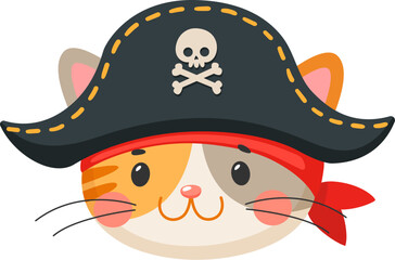 Cartoon cat animal pirate and corsair face. Sailor and captain, skipper and boatswain kawaii character. Isolated vector kitten personage with adorable tricorn hat for baby shower card, book or game