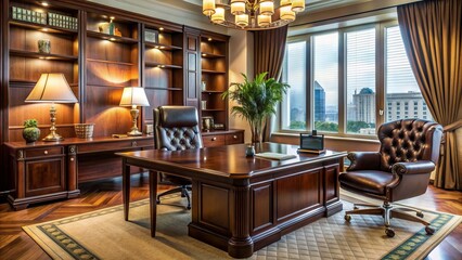 Polished executive desk with leather chair, elegant lamp, and luxurious decor, conveying professionalism and sophistication in a high-end office setting.