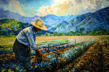 Farmer Tending Crops in a Vibrant Mountain Landscape