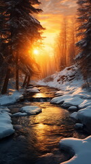 Naklejka premium forest at winter with river at the morning sunrise