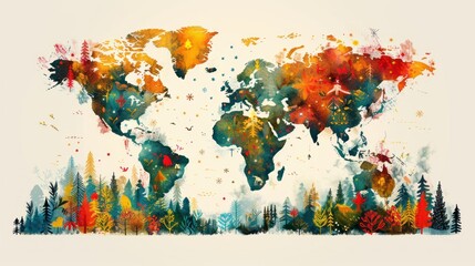 Watercolor World Map with Forest Silhouette