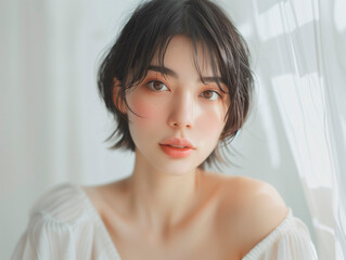 Young Woman With Short Black Hair Posing Near Sheer White Curtains