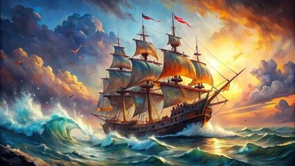 Fototapeta premium Vibrant watercolor illustration of a majestic pirate ship sailing through turbulent seas, surrounded by fluttering flags and splashing waves.
