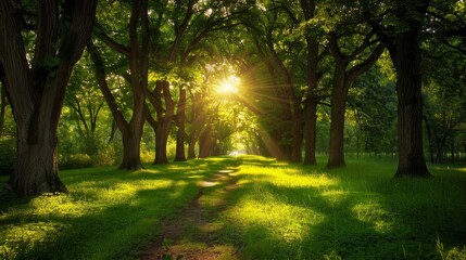 Obraz premium Sunset in a beautiful green summer forest. 3d rendering