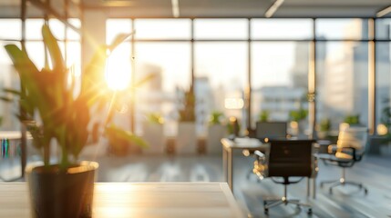 Peaceful office space with blurred outlines, sunlight streaming in through expansive windows, enhancing the sense of serenity
