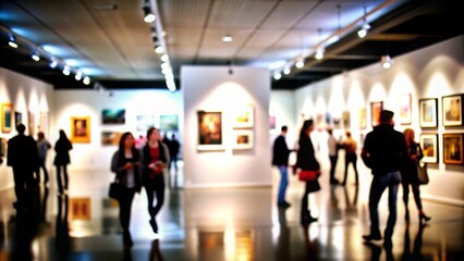 Art Gallery Blur: A blurred art gallery with exhibits and visitors, ideal for artistic and cultural themes.
