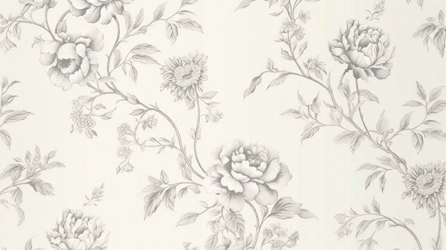 A vintage-style floral pattern in grey and white, reminiscent of traditional French toile designs, on an off-white background. seamless patterns. background.