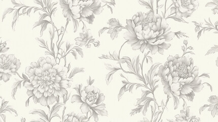 A vintage-style floral pattern in grey and white, reminiscent of traditional French toile designs, on an off-white background. seamless patterns. background.