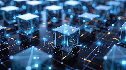 Obraz premium Blockchain Technology - Interconnected Cubes in a Digital Landscape
