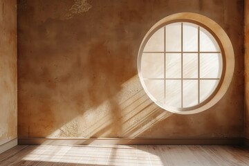 Warm taupe wall with a bright glare coming from a circular window, adding a unique architectural element