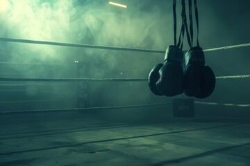 Boxing gloves hanging in an empty boxing ring Illuminated by mood light It is reminiscent of anticipation and solitude.