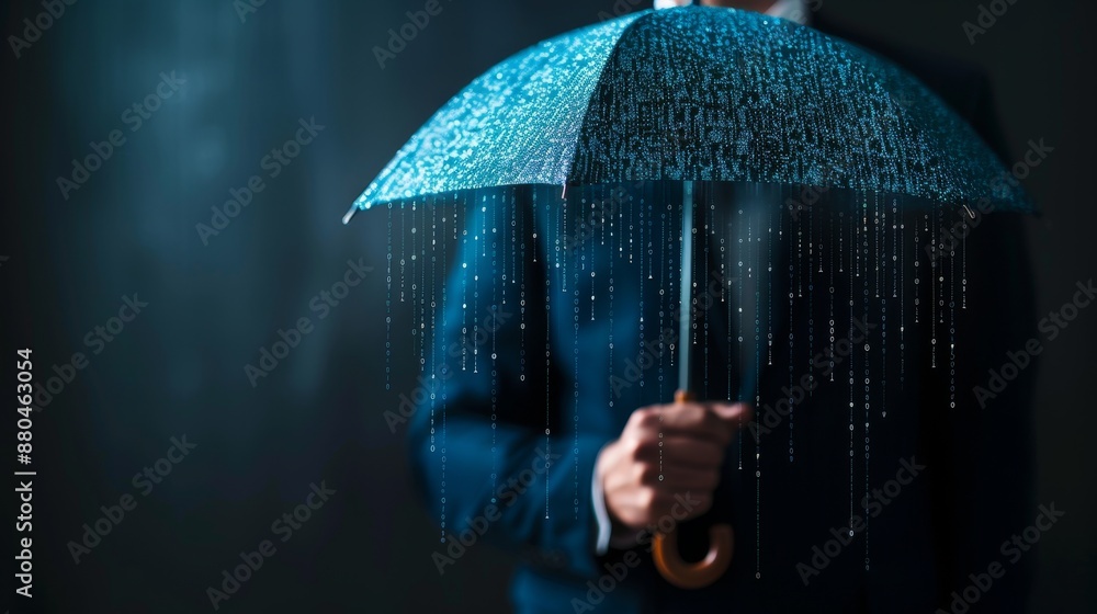 Aufkleber digital rain protection concept - man holding umbrella with binary code falling.