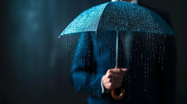 digital rain protection concept - man holding umbrella with binary code falling.