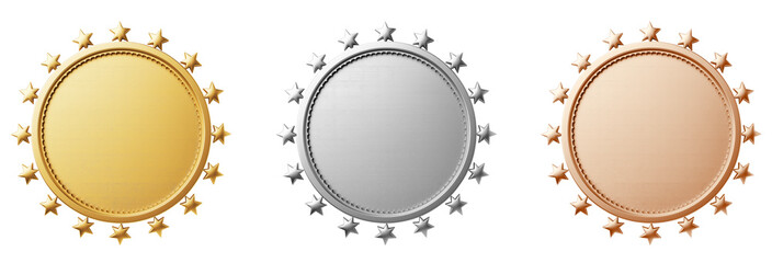 Set of blank golden, silver, bronze awards with scalloped edges and stars around the perimeter. First, second, third place medals isolated 