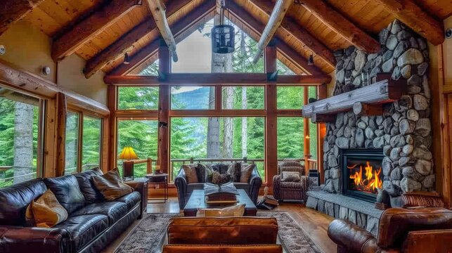 Fototapeta A cozy cabin-style living room with a stone fireplace, rustic wooden beams, comfortable leather furniture, and large windows looking out onto a forest.