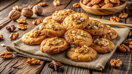 Golden brown walnut cookies freshly baked with crunchy walnut chunks arranged artfully on rustic wooden table with soft warm lighting.