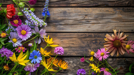 Summer flowers arranged on a wooden table, with ample copy space around them.