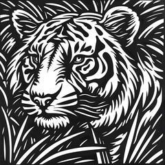 Fototapeta premium Hand drawn tiger silhouette in a minimal style. Black and white graphic illustration isolated on white background 