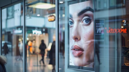 Ultra-sharp photograph of a three-dimensional poster mockup on a glass window, showcasing an eye-catching advertisement