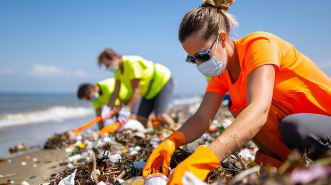 volunteers cleaning up beach trash and pollution with gloves and face masks. - Powered by Adobe