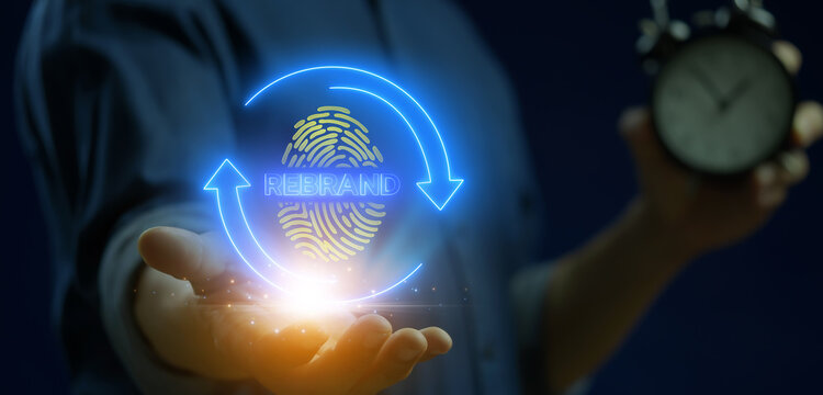 Rebranding strategy concept. Marketing and brand management. Rethinks marketing strategy and refreshing the look and feel of brand like fingerprint is unique. Glowing neon line of rebranding icon.