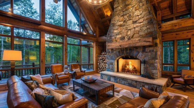 Fototapeta A cozy cabin-style living room with a stone fireplace, rustic wooden beams, comfortable leather furniture, and large windows looking out onto a forest.