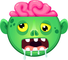 Cartoon Halloween zombie emoji. Isolated vector greenish, decaying face with squint yellow eyes, pink brain in cracked head, dripping saliva and rotting flesh, symbolizing the undead, horror vibes