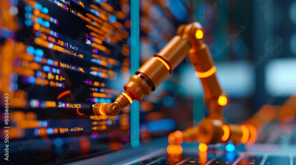Poster robotic arm interacting with code on laptop screen - futuristic technology concept.