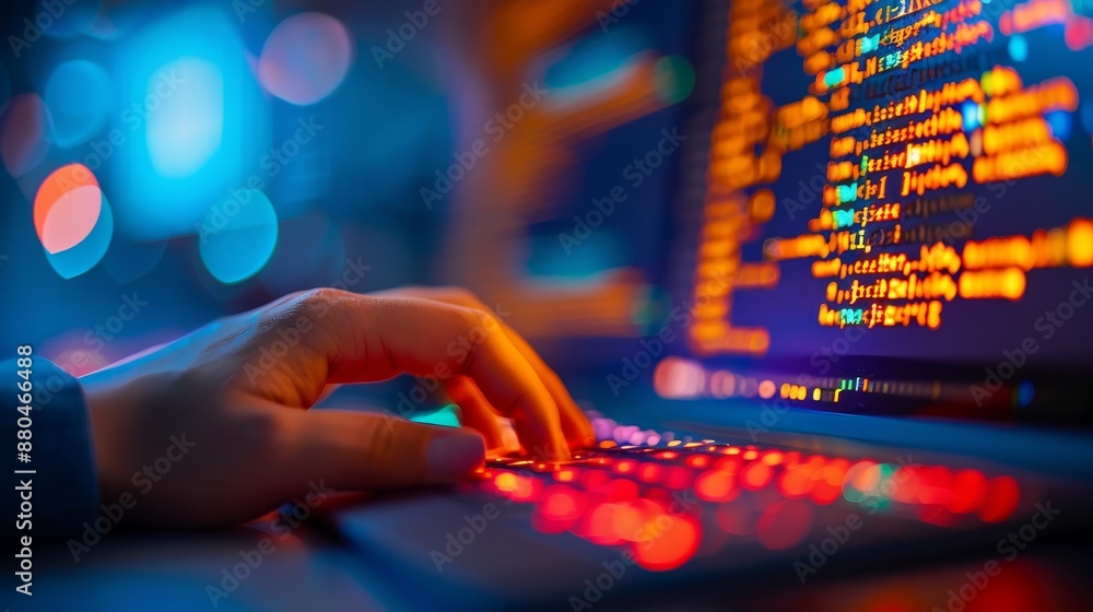 Poster close up of programmer's hands typing code on a laptop at night with bokeh lights.