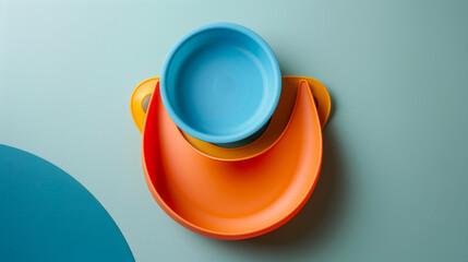 A top view of children's tableware including a silicone bib and a bowl, ideal for serving baby food and other kid-friendly dishes.