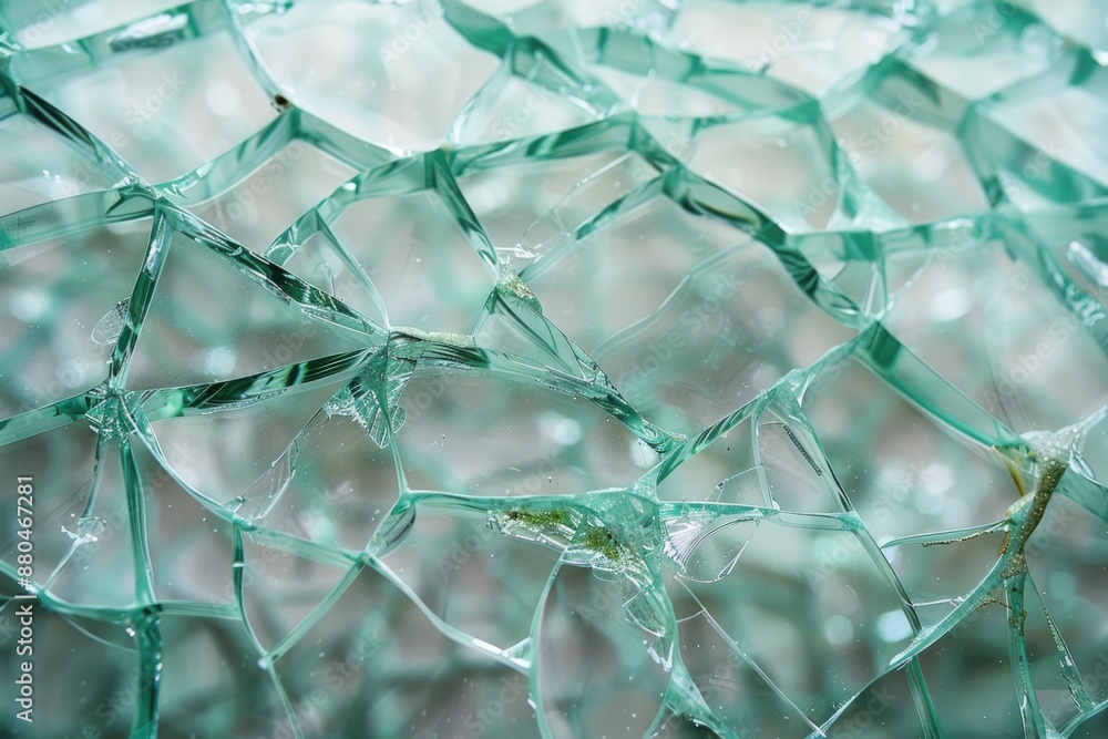 Poster A close-up view of a broken glass window with jagged edges and fragments scattered around