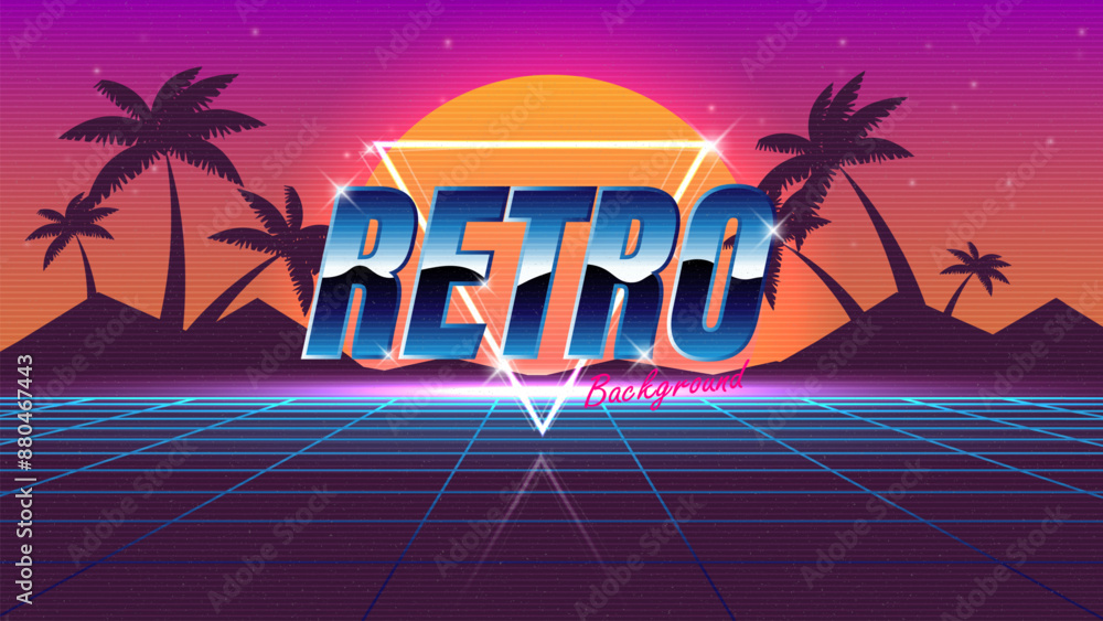 Poster retro background. synthwave wireframe landscape for game assets in vector illustrations.retro futuri