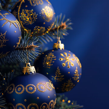 New Year and Christmas background, New Year&rsquo;s Christmas tree decorations in dack blue with gold patterns, dark blue gradient background