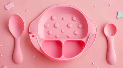 A top view of children's tableware including a silicone bib and a bowl, ideal for serving baby food and other kid-friendly dishes.