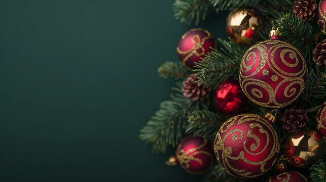 New Year and Christmas background, New Year’s Christmas tree decorations in red with gold patterns, green gradient background with text space