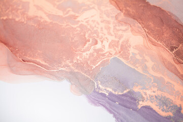 An abstract painting with soft peach, lavender, and gold hues. The image shows a close-up view of the swirling colors and patterns