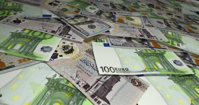 Libya dinar 5 LYD banknote surface. Flying over USD EUR and Libyan money note. 3D concept of exchange rate, inflation, economy, finance, import, export and banking seamless looped.
