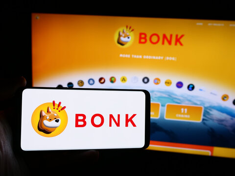 Stuttgart, Germany - 07-05-2024: Person holding smartphone with logo of dog coin company Bonk Inu in front of website. Focus on phone display.