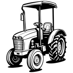 Black cartoon tractor drawing, vintage line illustration, vector image