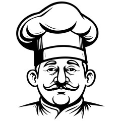 Black chef hat drawing, vector realistic outline line, transparent background