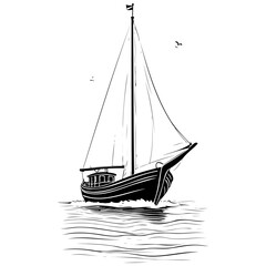 boat drawing, realistic hand drawing line art, pencil sketch, isolated