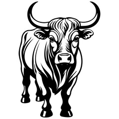 bull engraving drawing of black silhouette, monochrome