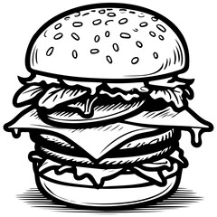 burger isolated hand drawn line illustration, transparent background