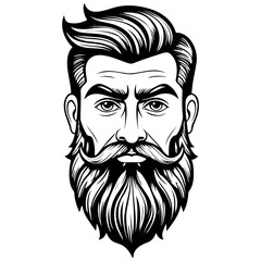cartoon beard engraving drawing of black silhouette, monochrome